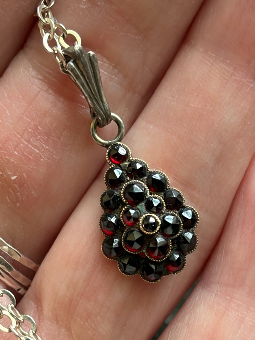 Antique Sterling Bohemian Style Garnet? Red Glass? Cluster Pendant Necklace